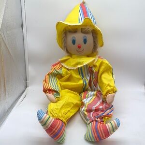 Vintage Clown Yellow Colorful Striped Soft Handmade Doll Halloween Circus 27 in